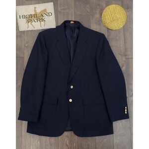 Vintage Highland Park Suit Jacket Navy Blue Gold Button Size 42L Blazer 2-Button